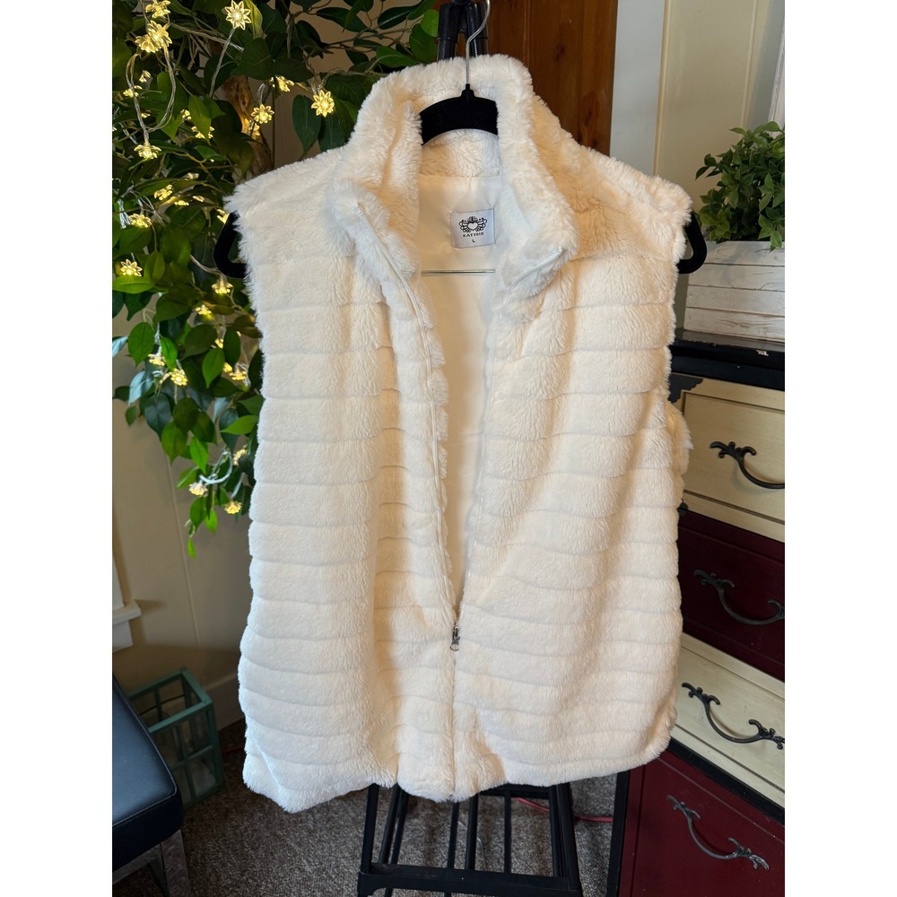 Katydid Women's Ivory Faux Fur Zip Front Long Vest Mock Neck Cozy Size L